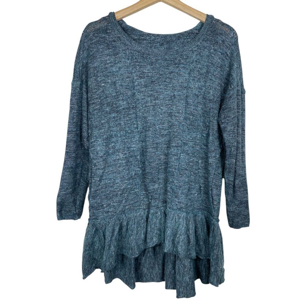 Free People Women Sweater S Alpaca Wool Linen Blue Gray Ruffle‎ Hem Hooded Boho